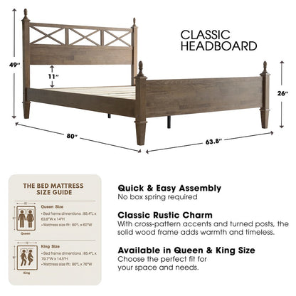 Queen Wooden Platform Bed Frame, Barnwood Finish, Traditional Style