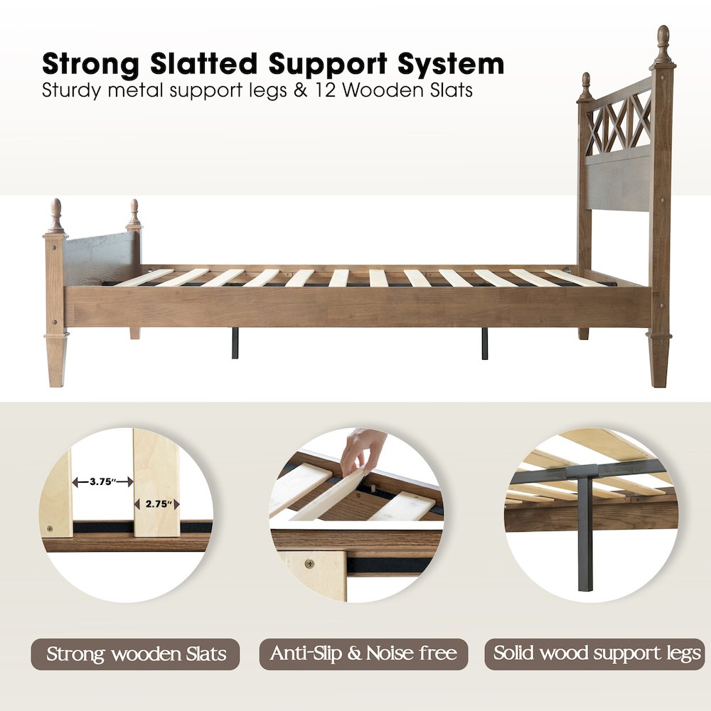 Queen Wooden Platform Bed Frame, Barnwood Finish, Traditional Style