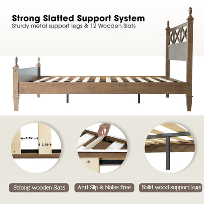 Queen Wooden Platform Bed Frame, Barnwood Finish, Traditional Style