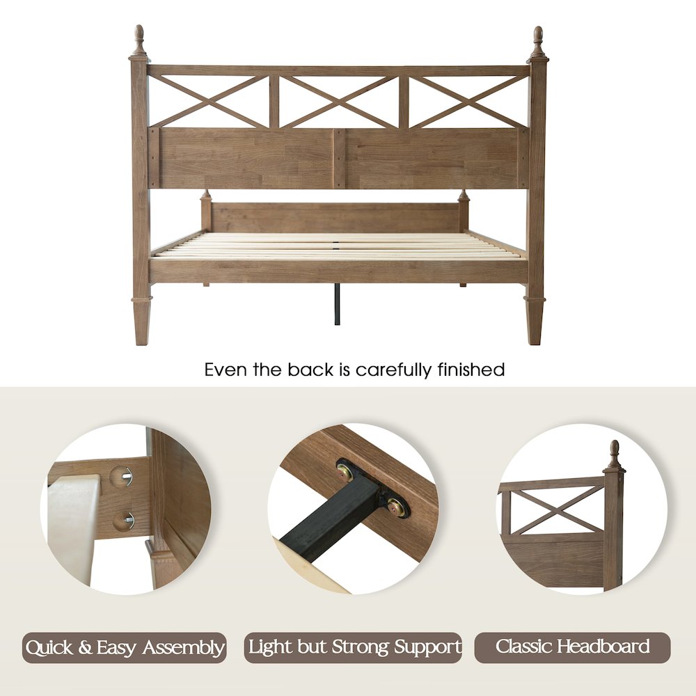 Queen Wooden Platform Bed Frame, Barnwood Finish, Traditional Style