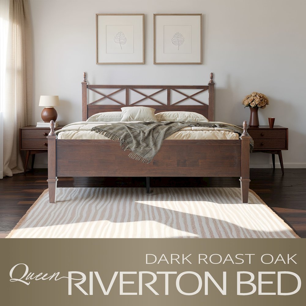 Queen Wooden Platform Bed Frame, Dark Roast Oak Finish, Traditional Style