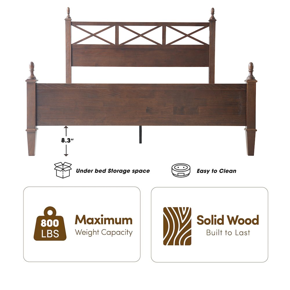 Queen Wooden Platform Bed Frame, Dark Roast Oak Finish, Traditional Style