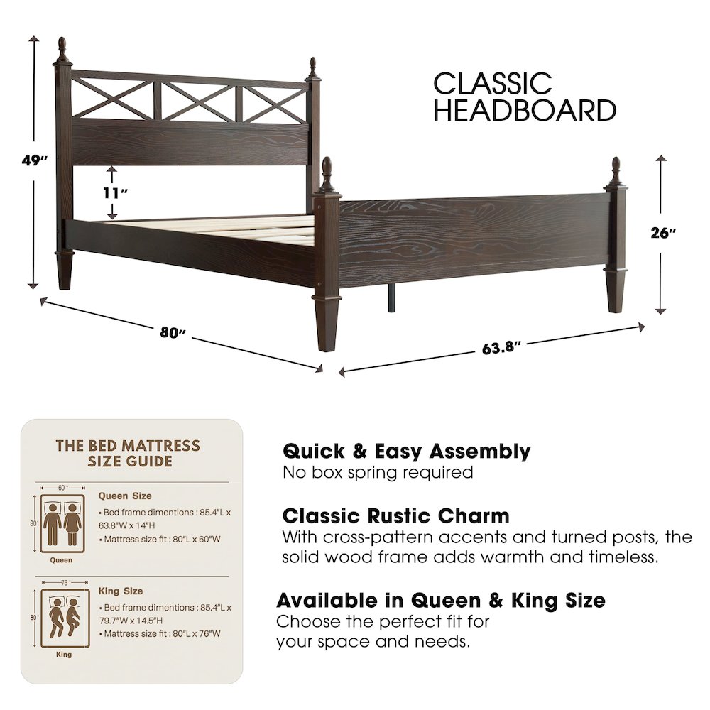 Queen Wooden Platform Bed Frame, Dark Roast Oak Finish, Traditional Style