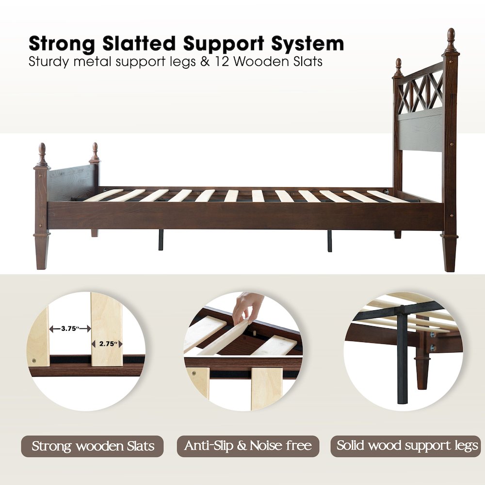 Queen Wooden Platform Bed Frame, Dark Roast Oak Finish, Traditional Style