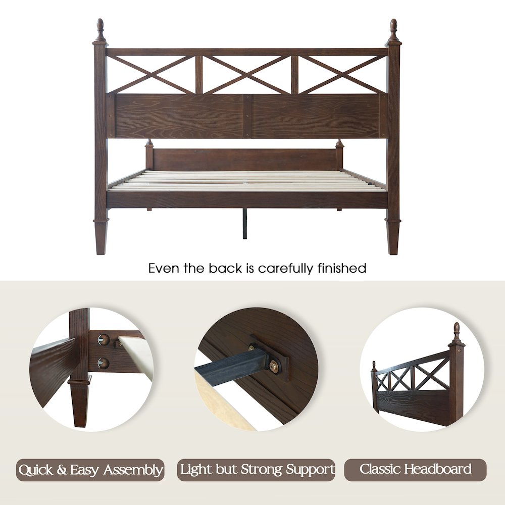 Queen Wooden Platform Bed Frame, Dark Roast Oak Finish, Traditional Style