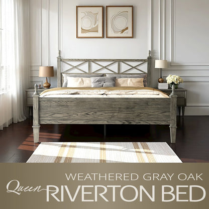 Queen Wooden Platform Bed Frame, Weathered Gray Oak Finish, Traditional Style