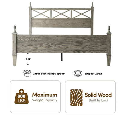 Queen Wooden Platform Bed Frame, Weathered Gray Oak Finish, Traditional Style
