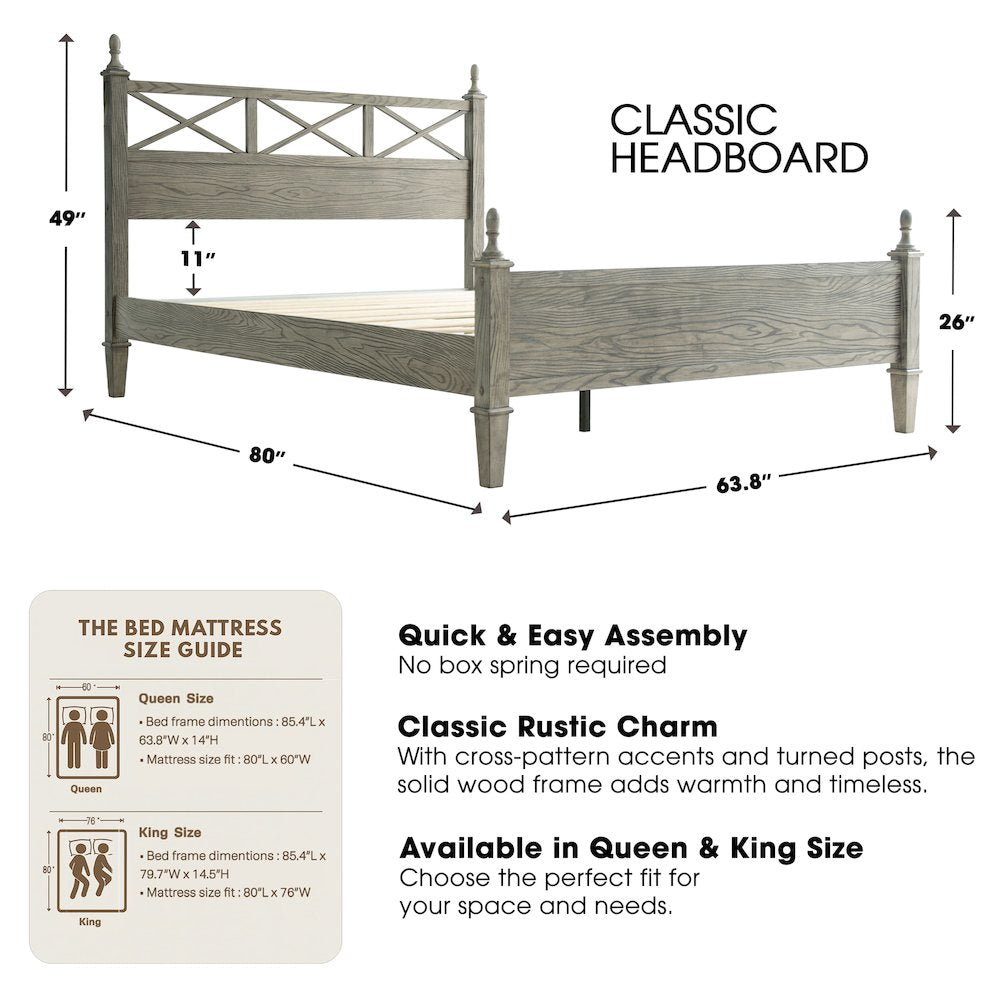 Queen Wooden Platform Bed Frame, Weathered Gray Oak Finish, Traditional Style