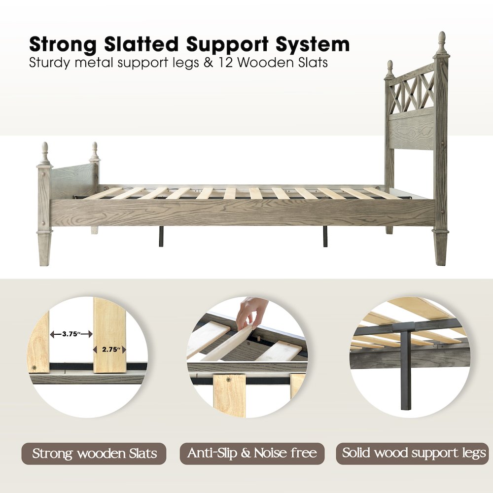 Queen Wooden Platform Bed Frame, Weathered Gray Oak Finish, Traditional Style