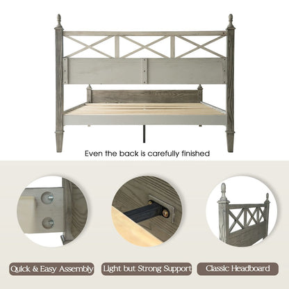 Queen Wooden Platform Bed Frame, Weathered Gray Oak Finish, Traditional Style