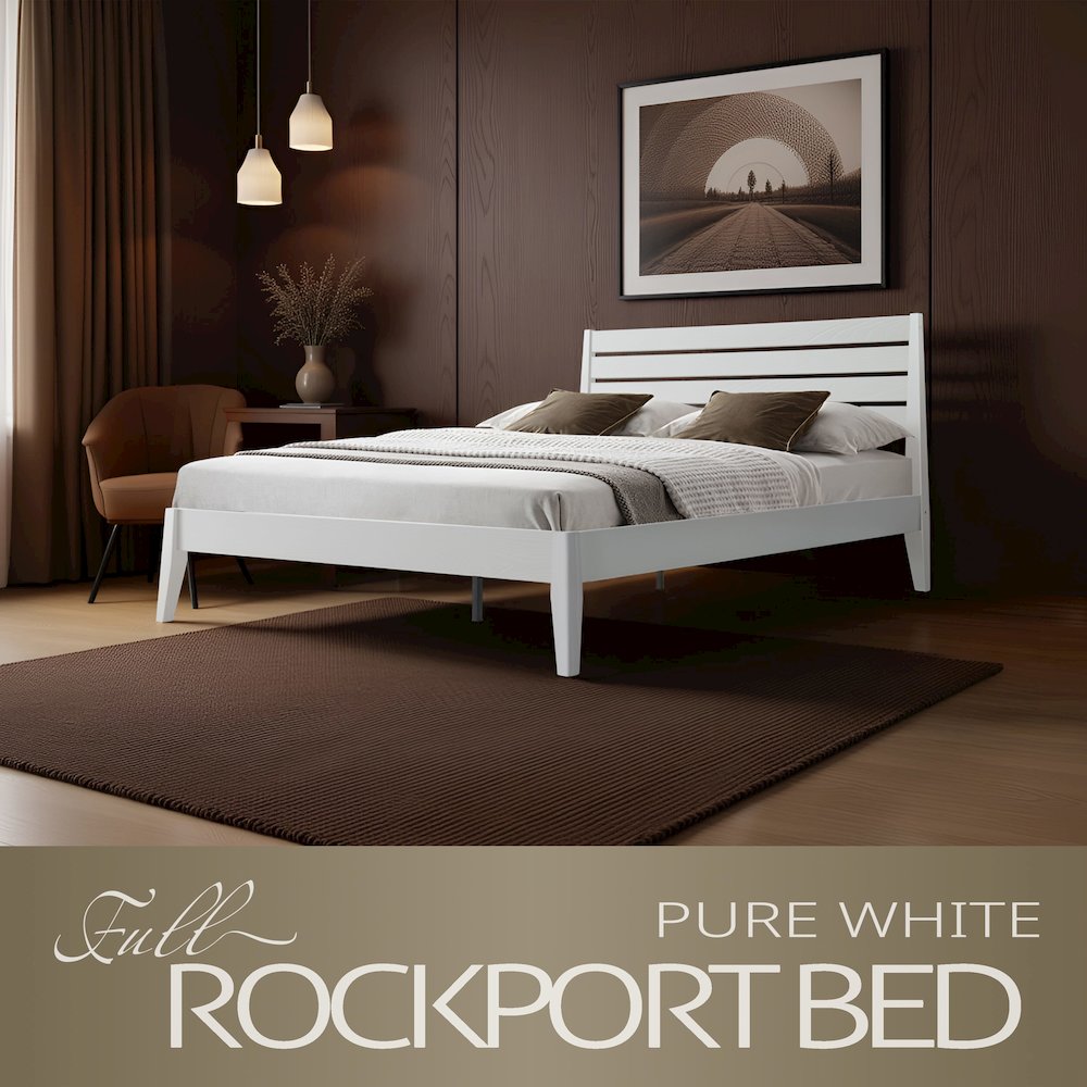 Full Wooden Platform Bed Frame, Pure White Finish, Morden Style