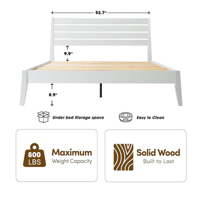 Full Wooden Platform Bed Frame, Pure White Finish, Morden Style