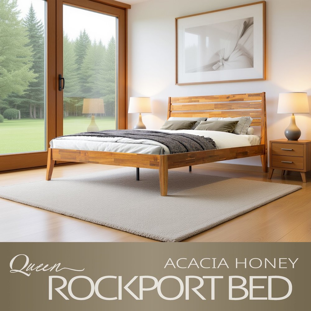 Queen Wooden Platform Bed Frame, Acacia Honey Finish, Morden Style