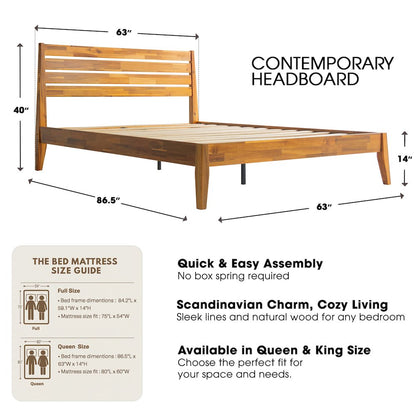 Queen Wooden Platform Bed Frame, Acacia Honey Finish, Morden Style
