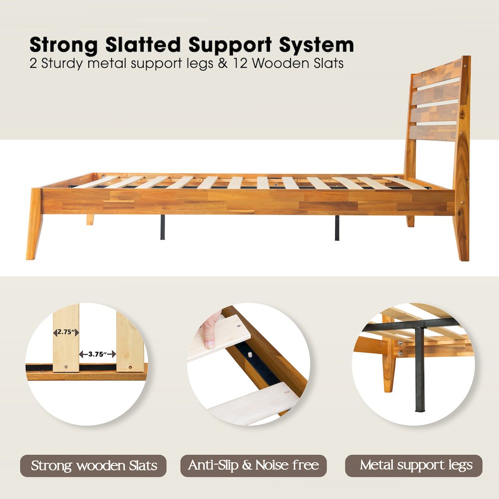 Queen Wooden Platform Bed Frame, Acacia Honey Finish, Morden Style