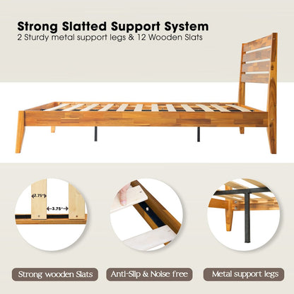 Queen Wooden Platform Bed Frame, Acacia Honey Finish, Morden Style