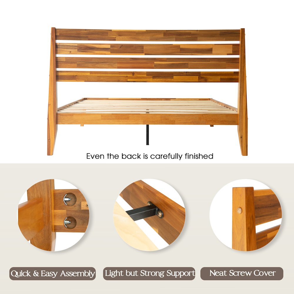 Queen Wooden Platform Bed Frame, Acacia Honey Finish, Morden Style