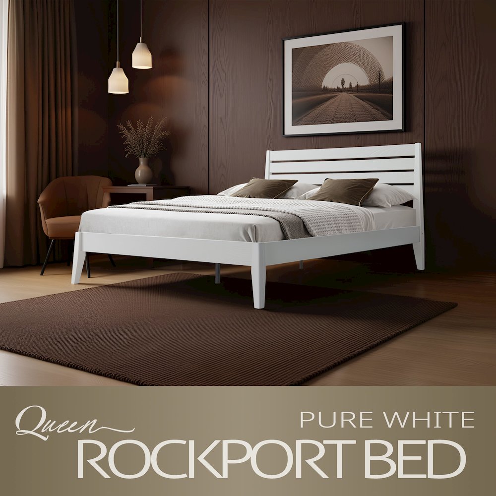Queen Wooden Platform Bed Frame, Pure White Finish, Morden Style