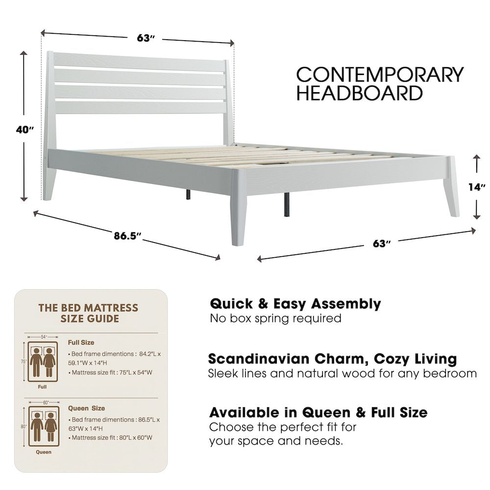 Queen Wooden Platform Bed Frame, Pure White Finish, Morden Style