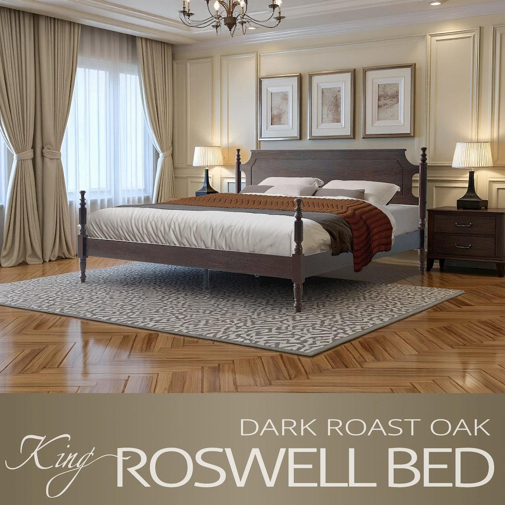 King Wooden Platform Bed Frame, Dark Roast Oak Finish, Traditional Style