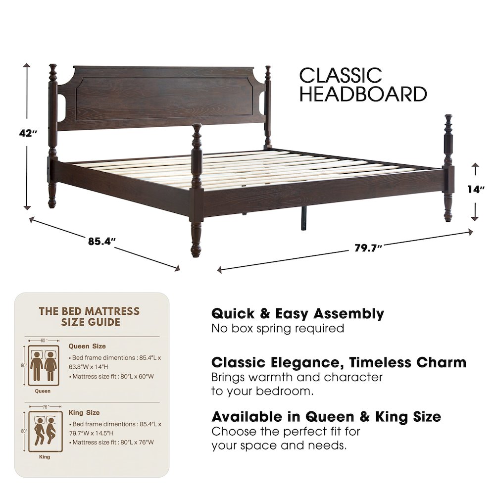 King Wooden Platform Bed Frame, Dark Roast Oak Finish, Traditional Style
