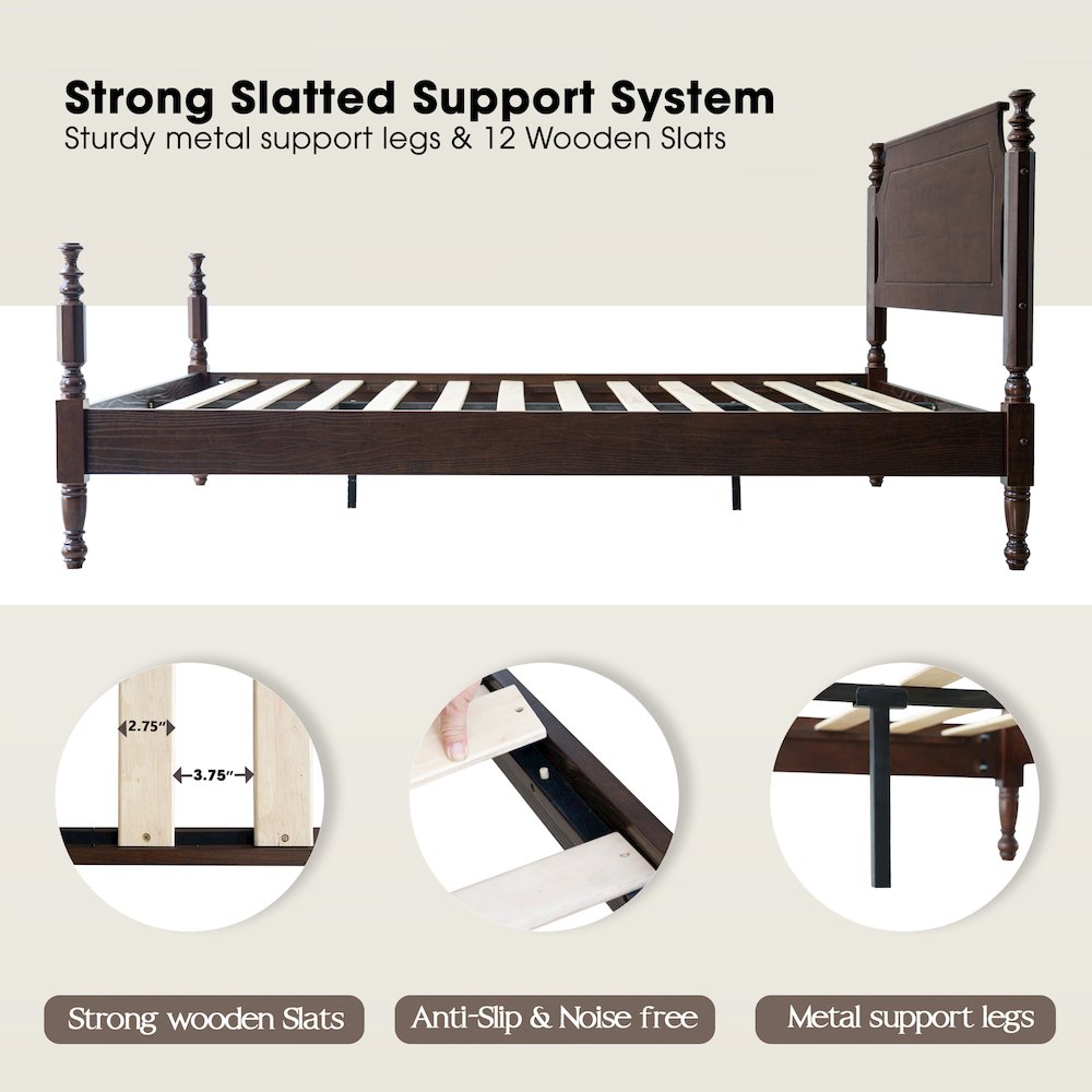King Wooden Platform Bed Frame, Dark Roast Oak Finish, Traditional Style