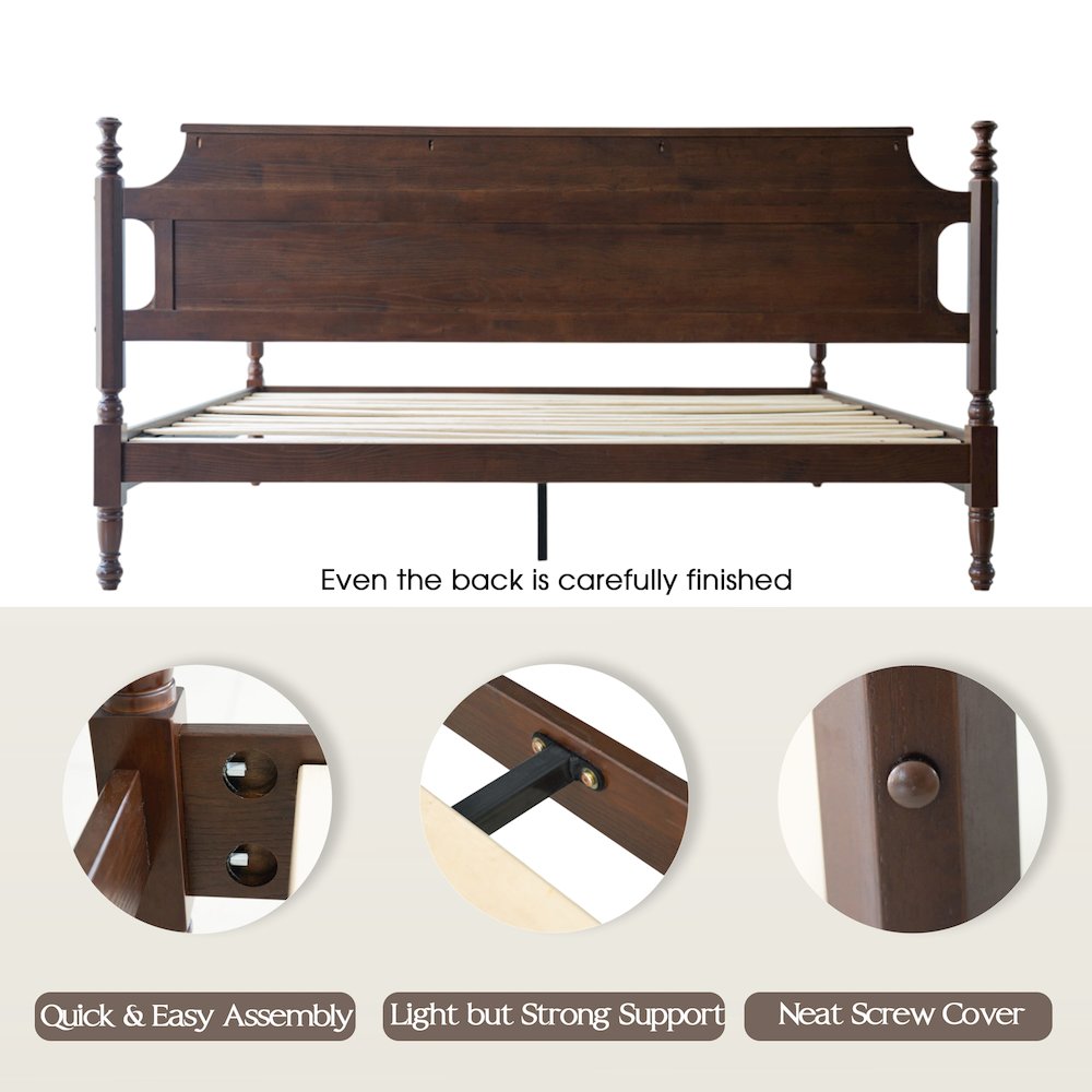 King Wooden Platform Bed Frame, Dark Roast Oak Finish, Traditional Style