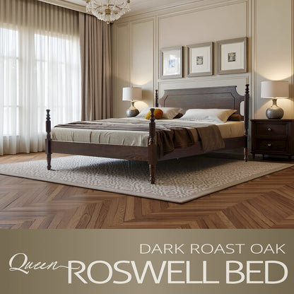 Queen Wooden Platform Bed Frame, Dark Roast Oak Finish, Traditional Style