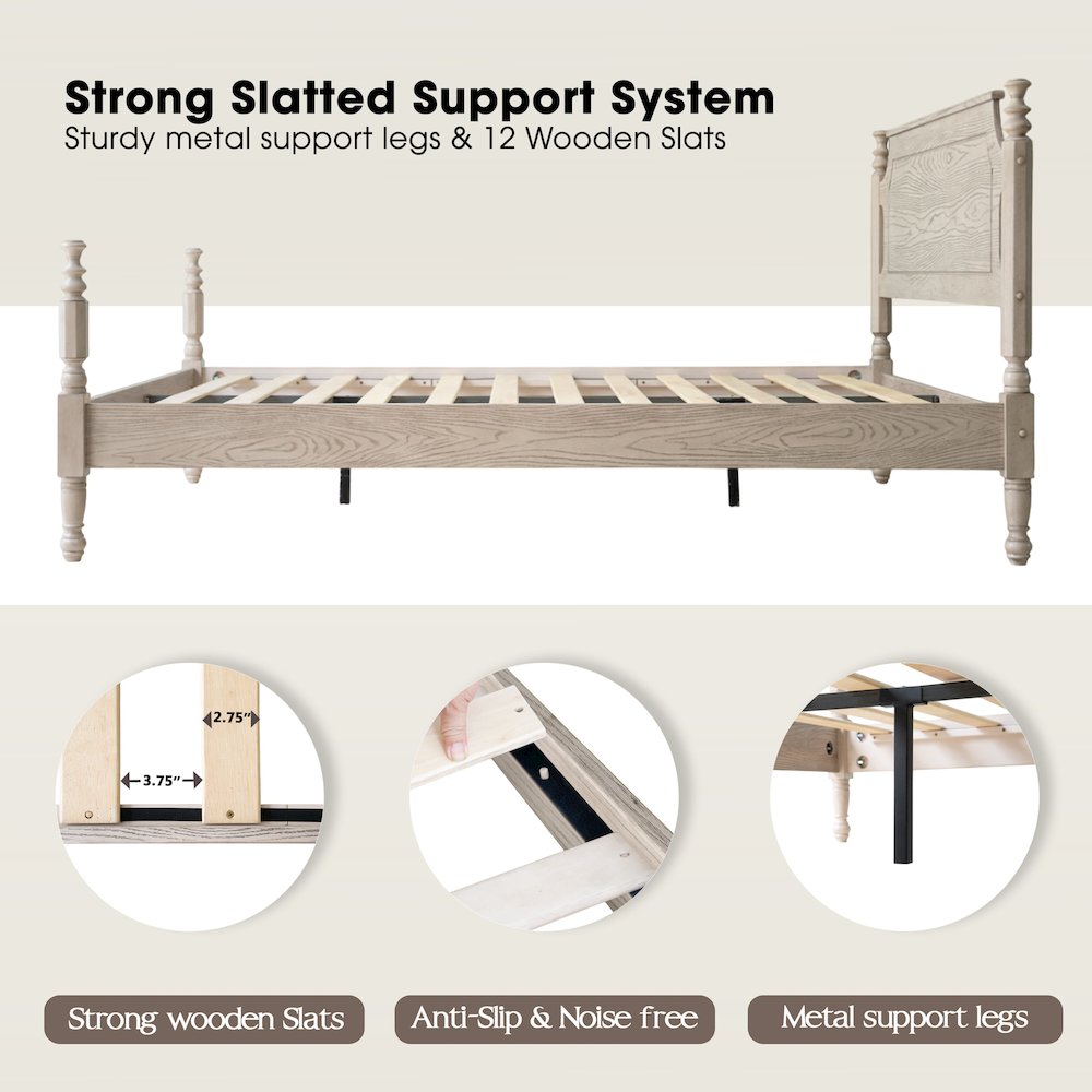 Queen Wooden Platform Bed Frame, Driftwood Gray Oak Finish, Traditional Style