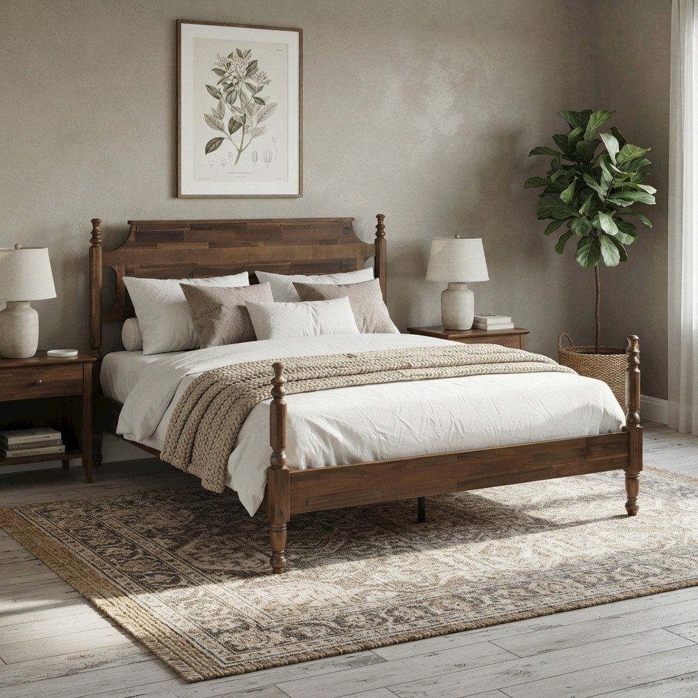 Queen Solid Wood Platform Bed Frame with Headboard, Traditional Style, Walnut