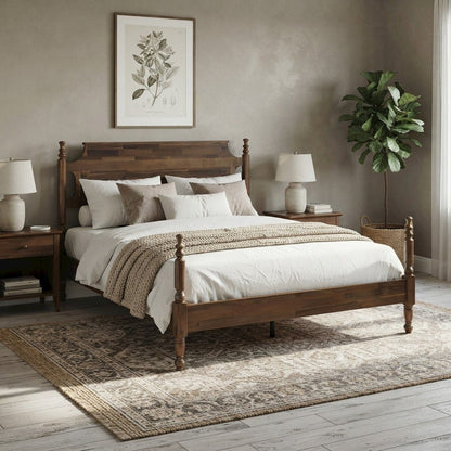 Queen Solid Wood Platform Bed Frame with Headboard, Traditional Style, Walnut