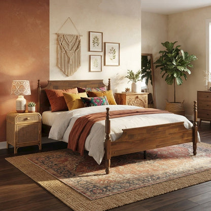 Queen Solid Wood Platform Bed Frame with Headboard, Traditional Style, Walnut