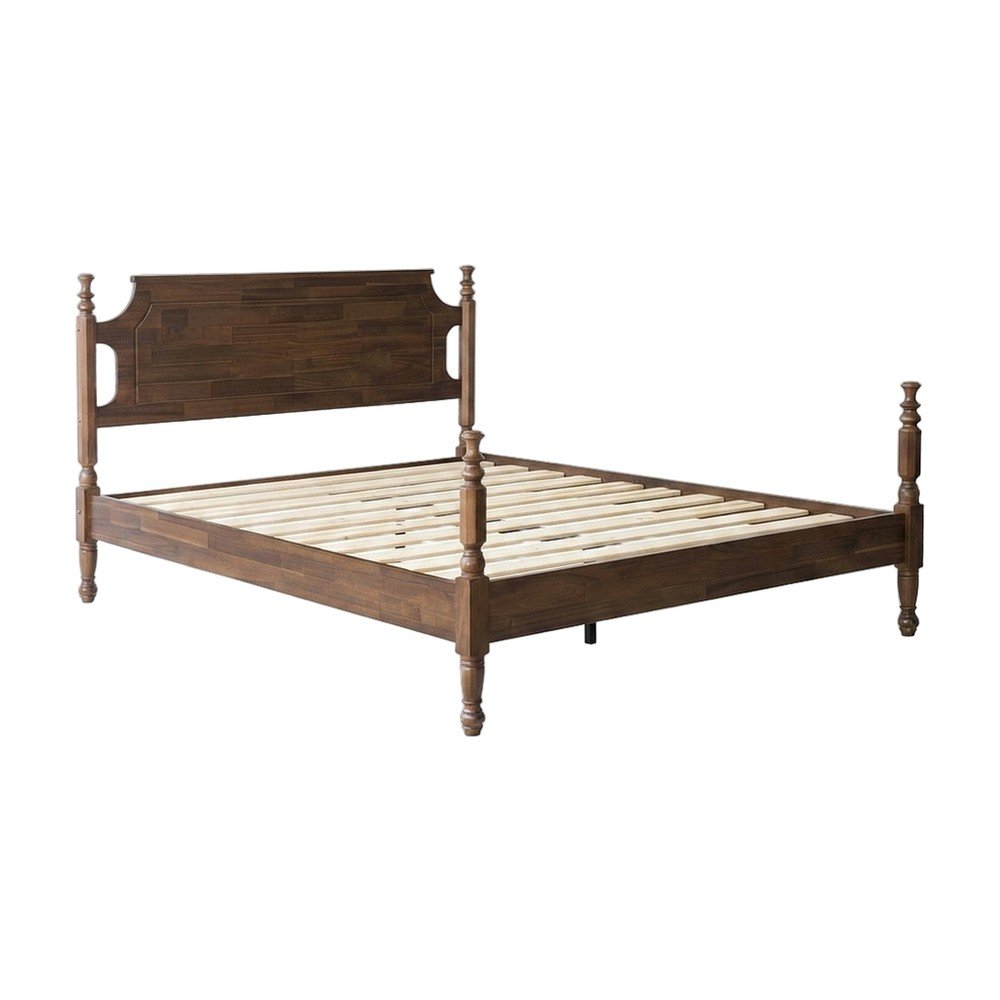 Queen Solid Wood Platform Bed Frame with Headboard, Traditional Style, Walnut