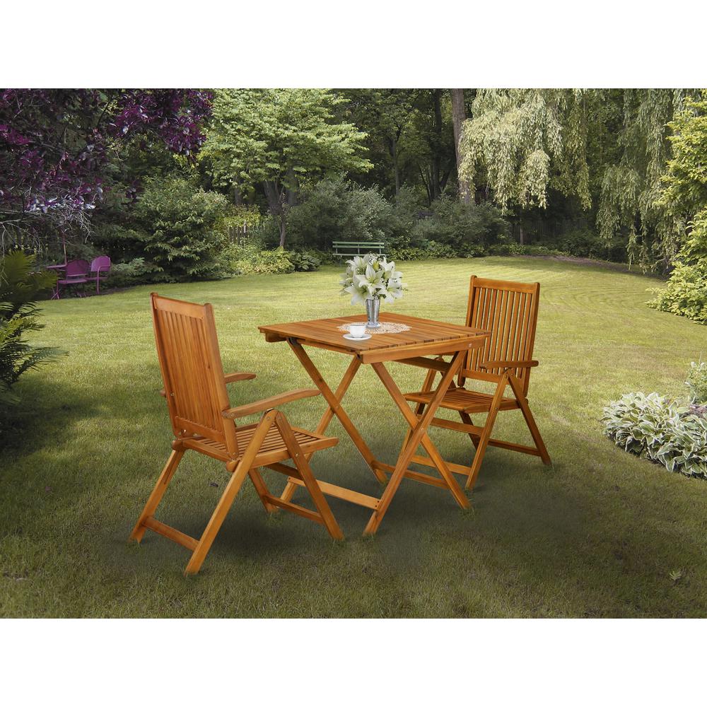 3-Pc Wood Patio Dining Set Consists of a Folding Outdoor Table and 2 Outdoor Camping Chairs - Natural Oil Finish
