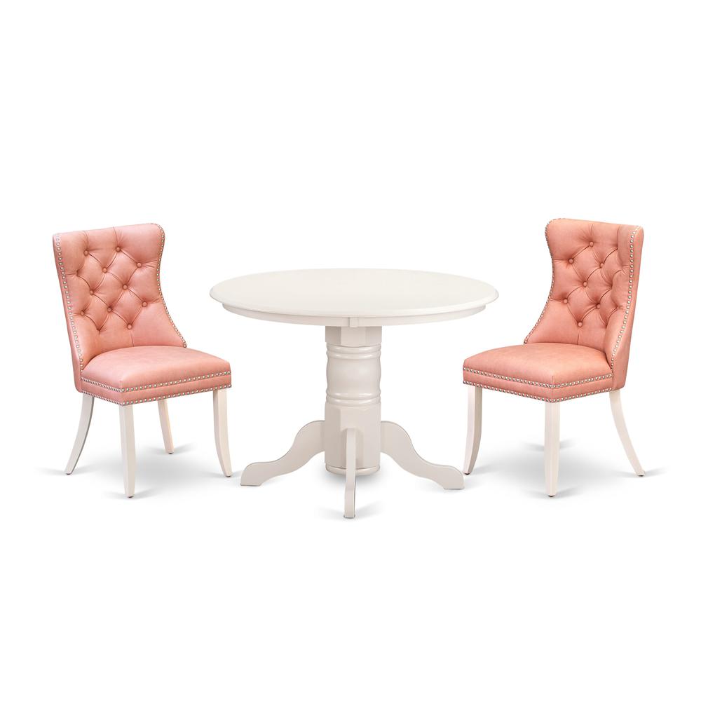 East West Furniture SHDA3-WHI-23 3 Piece Dining Room Set Consists of a Round Dining Table with Pedestal and 2 Upholstered Chairs, Linen White
