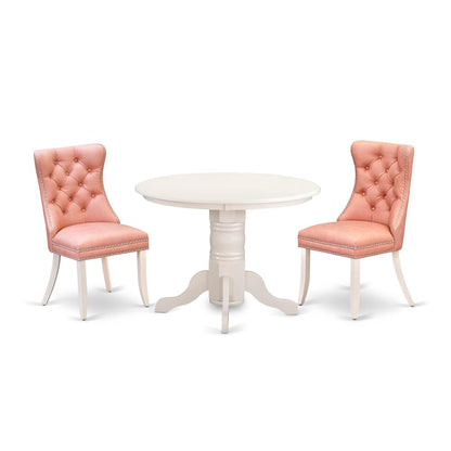 East West Furniture SHDA3-WHI-23 3 Piece Dining Room Set Consists of a Round Dining Table with Pedestal and 2 Upholstered Chairs, Linen White