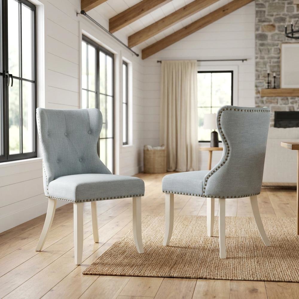 Linen Parsons Dining Chairs, Button-Tufted High Back, Baby Blue, Set of 2