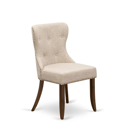 East West Furniture - Set of 2 - Wood Chairs- Upholstered Dining Chairs Includes Antique Walnut Hardwood Frame with Light Tan Linen Fabric Seat with Nail Head and Button Tufted Back
