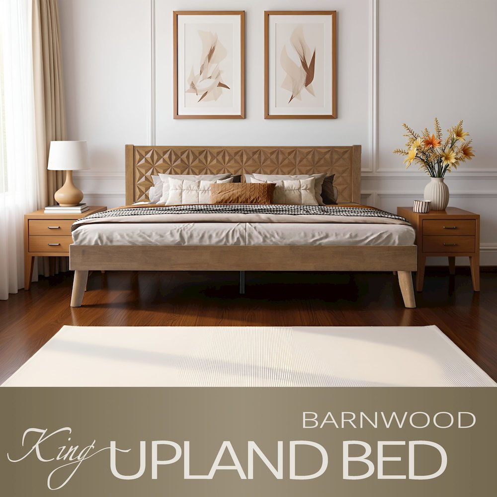 King Wooden Platform Bed Frame, Barnwood Finish, Morden Style