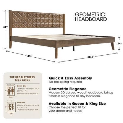King Wooden Platform Bed Frame, Barnwood Finish, Morden Style