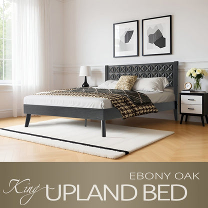 King Wooden Platform Bed Frame, Ebony Oak Finish, Morden Style