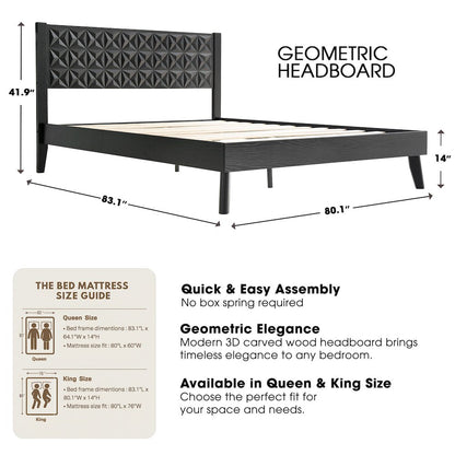 King Wooden Platform Bed Frame, Ebony Oak Finish, Morden Style