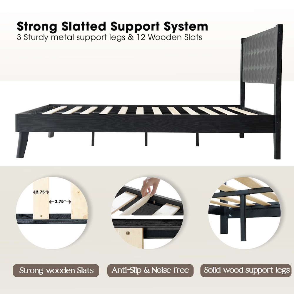 King Wooden Platform Bed Frame, Ebony Oak Finish, Morden Style