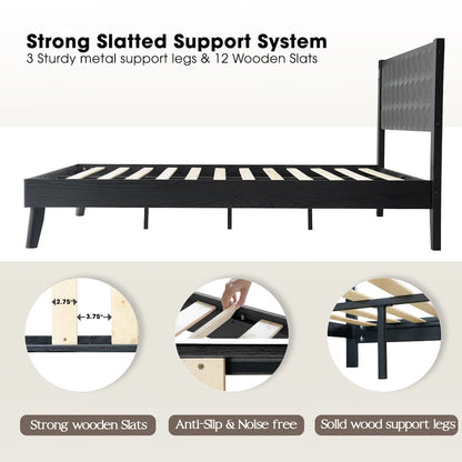 King Wooden Platform Bed Frame, Ebony Oak Finish, Morden Style