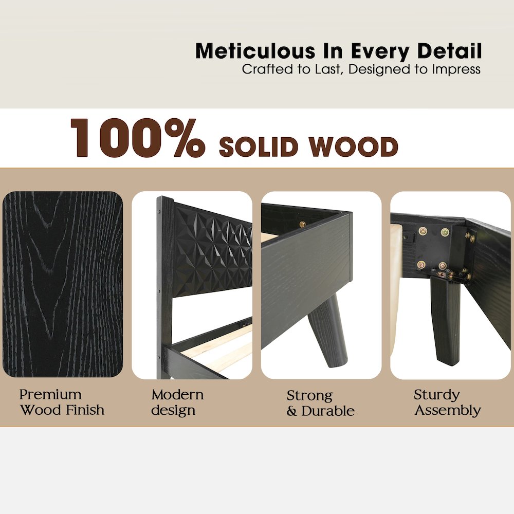 King Wooden Platform Bed Frame, Ebony Oak Finish, Morden Style