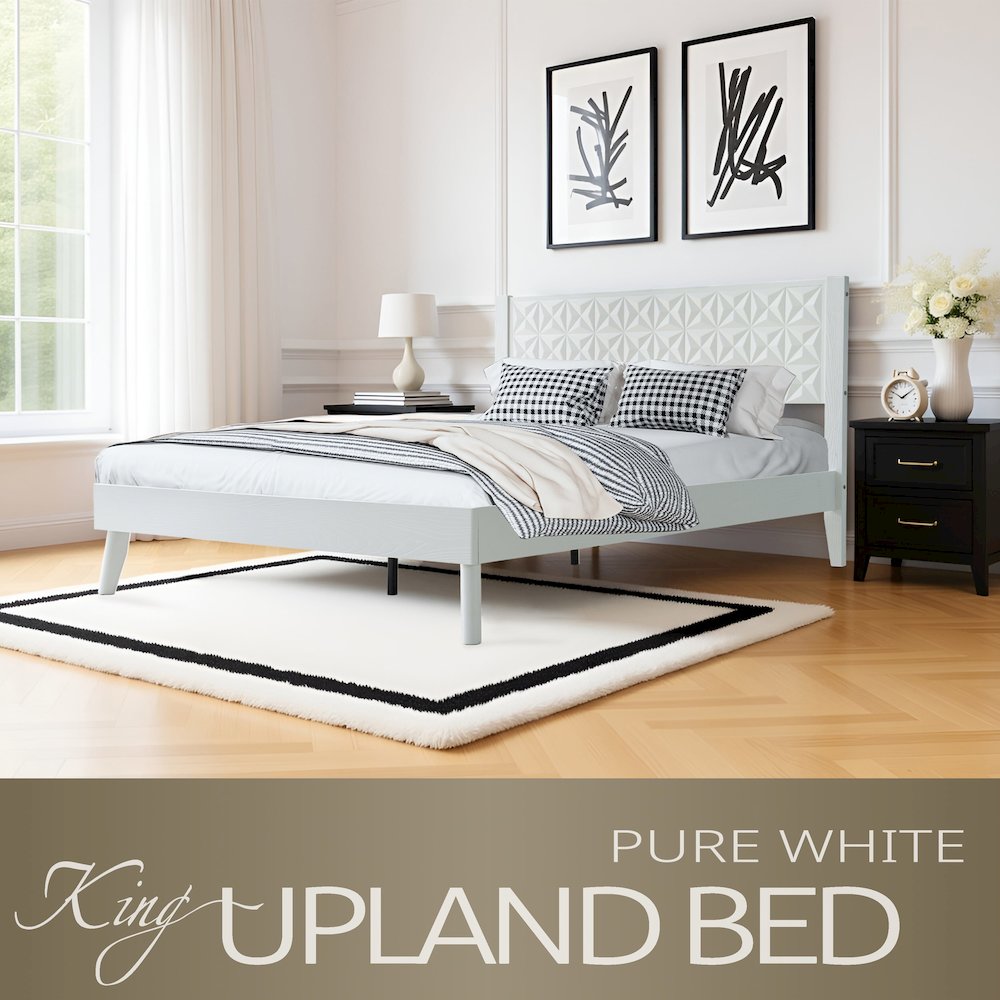 King Wooden Platform Bed Frame, Pure White Finish, Morden Style