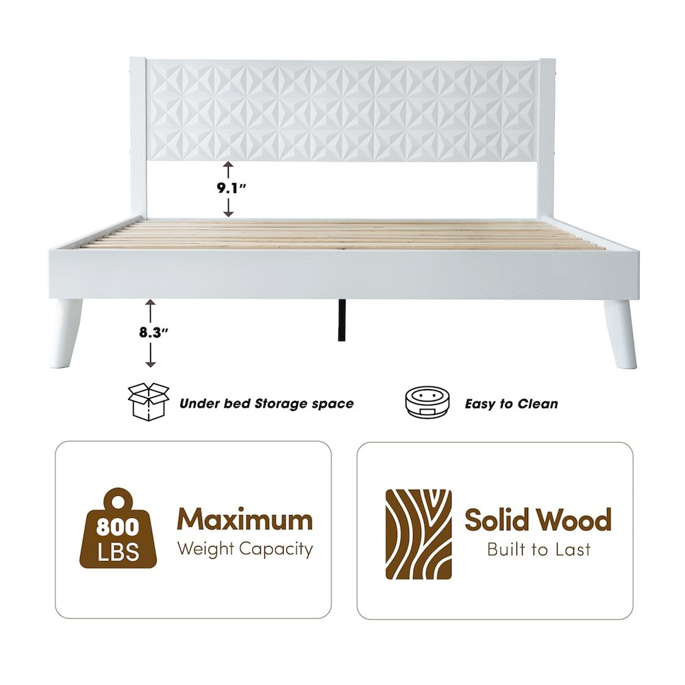 King Wooden Platform Bed Frame, Pure White Finish, Morden Style
