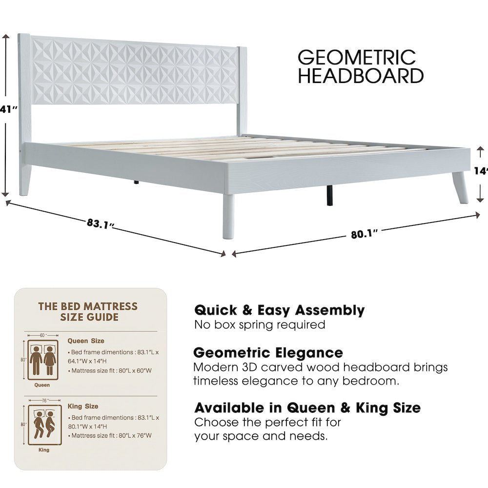 King Wooden Platform Bed Frame, Pure White Finish, Morden Style