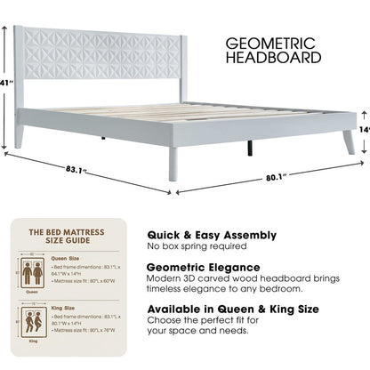 King Wooden Platform Bed Frame, Pure White Finish, Morden Style