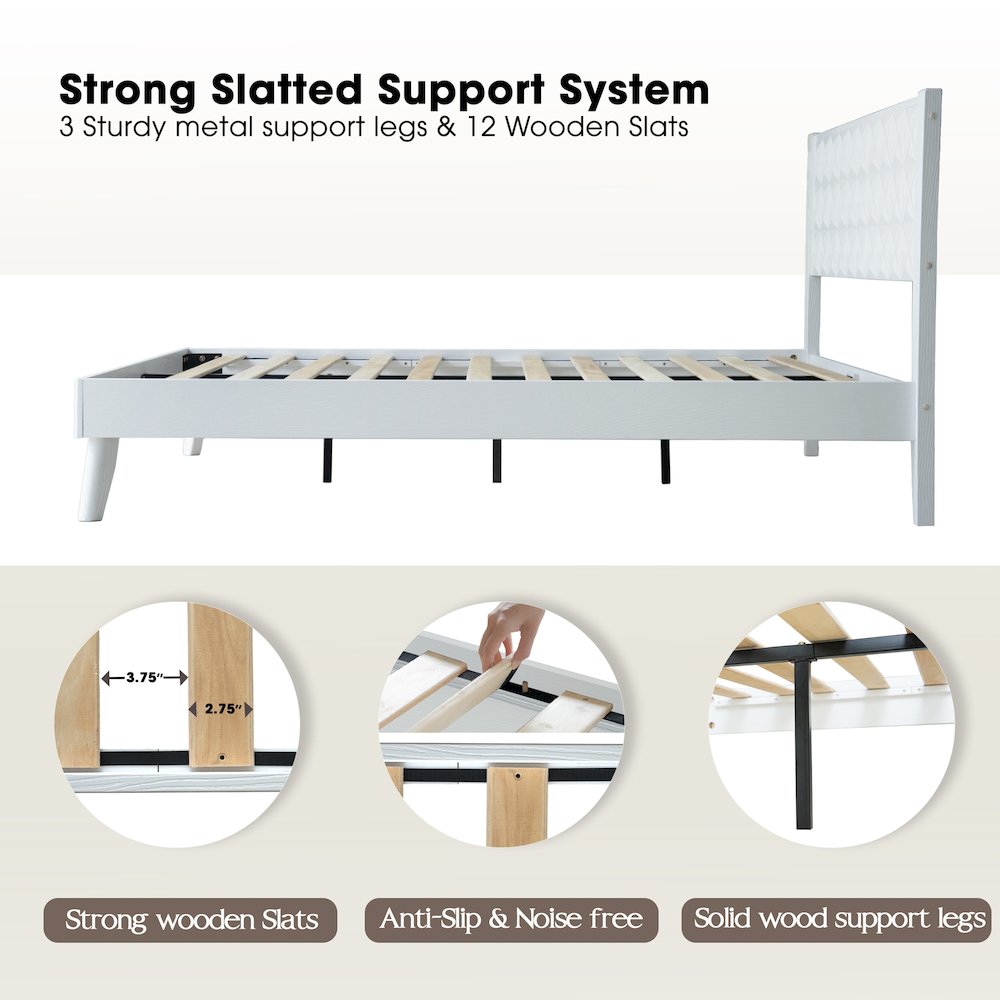 King Wooden Platform Bed Frame, Pure White Finish, Morden Style